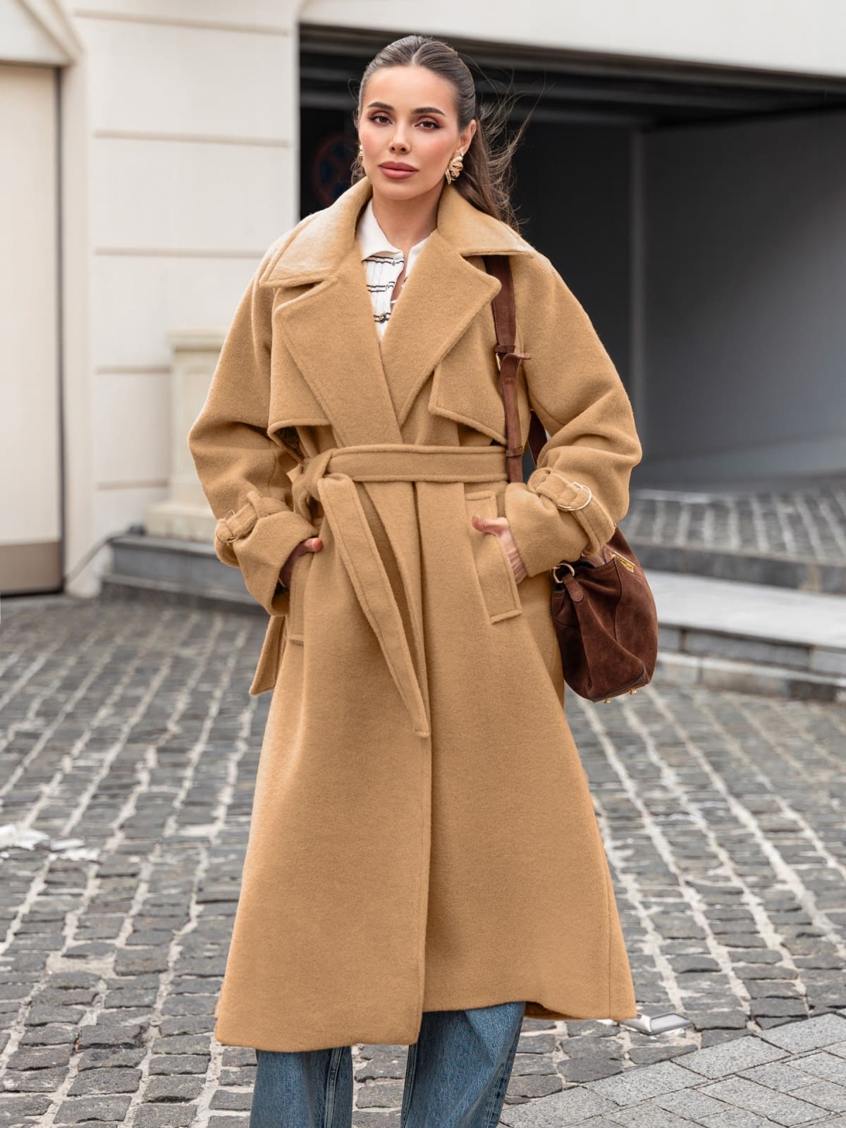 Пальто на запах з легким ворсом бежеве | 91915