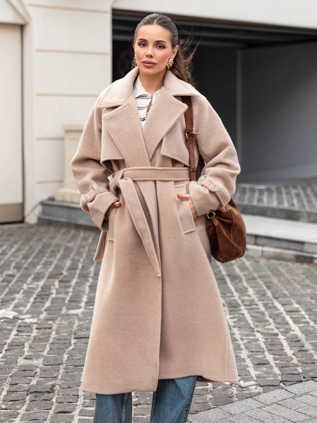 Пальто на запах з легким ворсом бежеве | 91915 Пальто на запах з легким ворсом бежеве | 91915