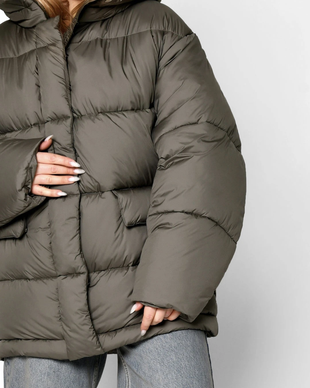 Жіночий короткий пуховик oversize хакі | 91303 Жіночий короткий пуховик oversize хакі | 91303
