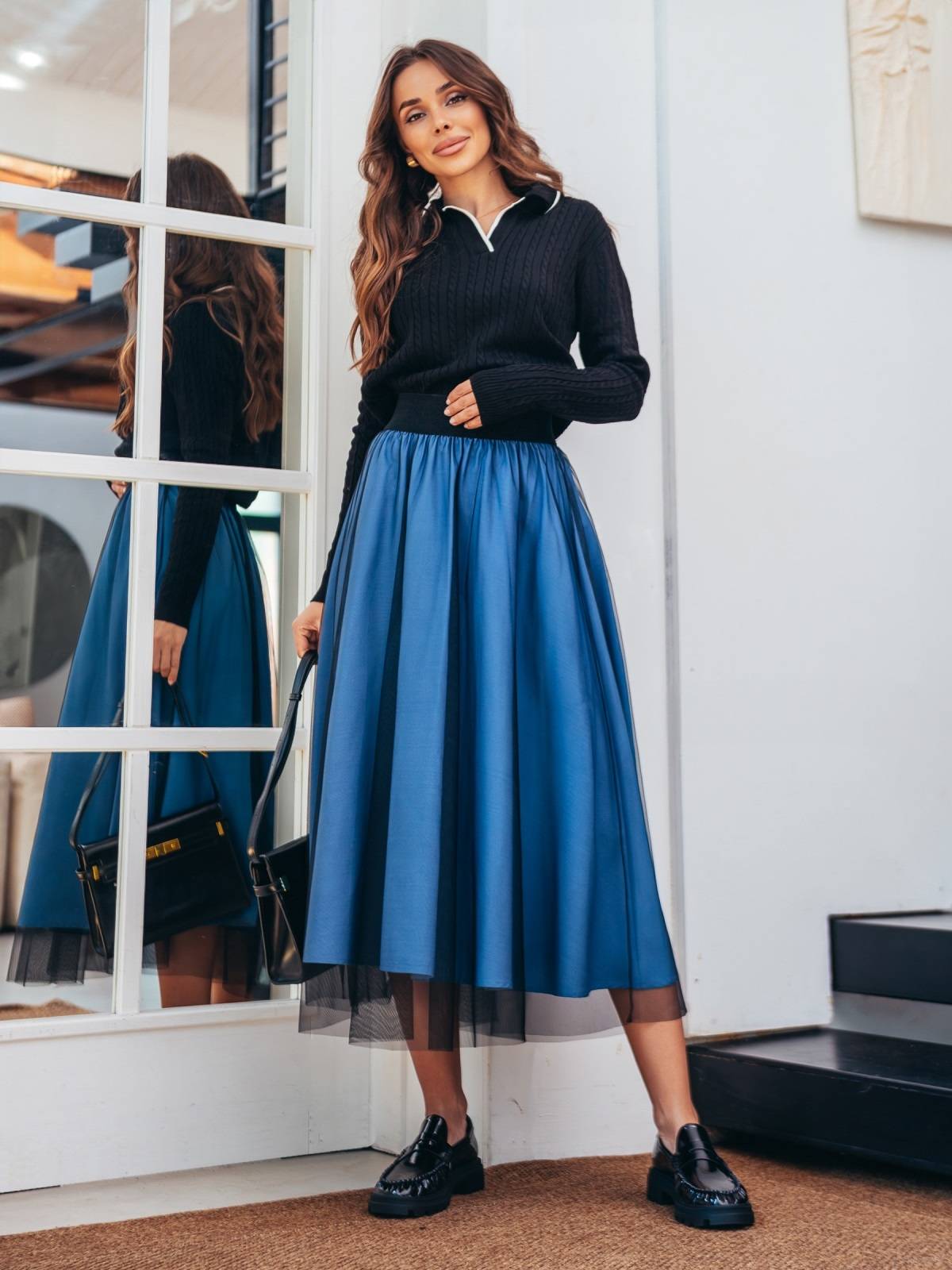 Стильна двошарова спідниця-напівсонце синя | 91423 Стильна двошарова спідниця-напівсонце синя | 91423