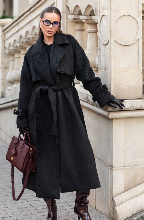 Пальто на запах з легким ворсом чорне | 91770