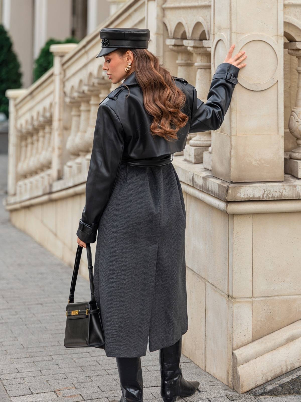 Пальто-тренч з вставками з екошкіри темно-сіре | 91735 Пальто-тренч з вставками з екошкіри темно-сіре | 91735