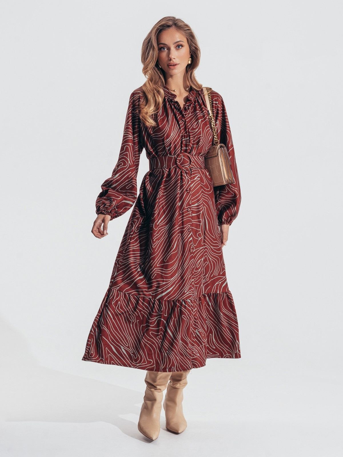 Сукня в принт з мікровельвету коричнева | 91656 Сукня в принт з мікровельвету коричнева | 91656