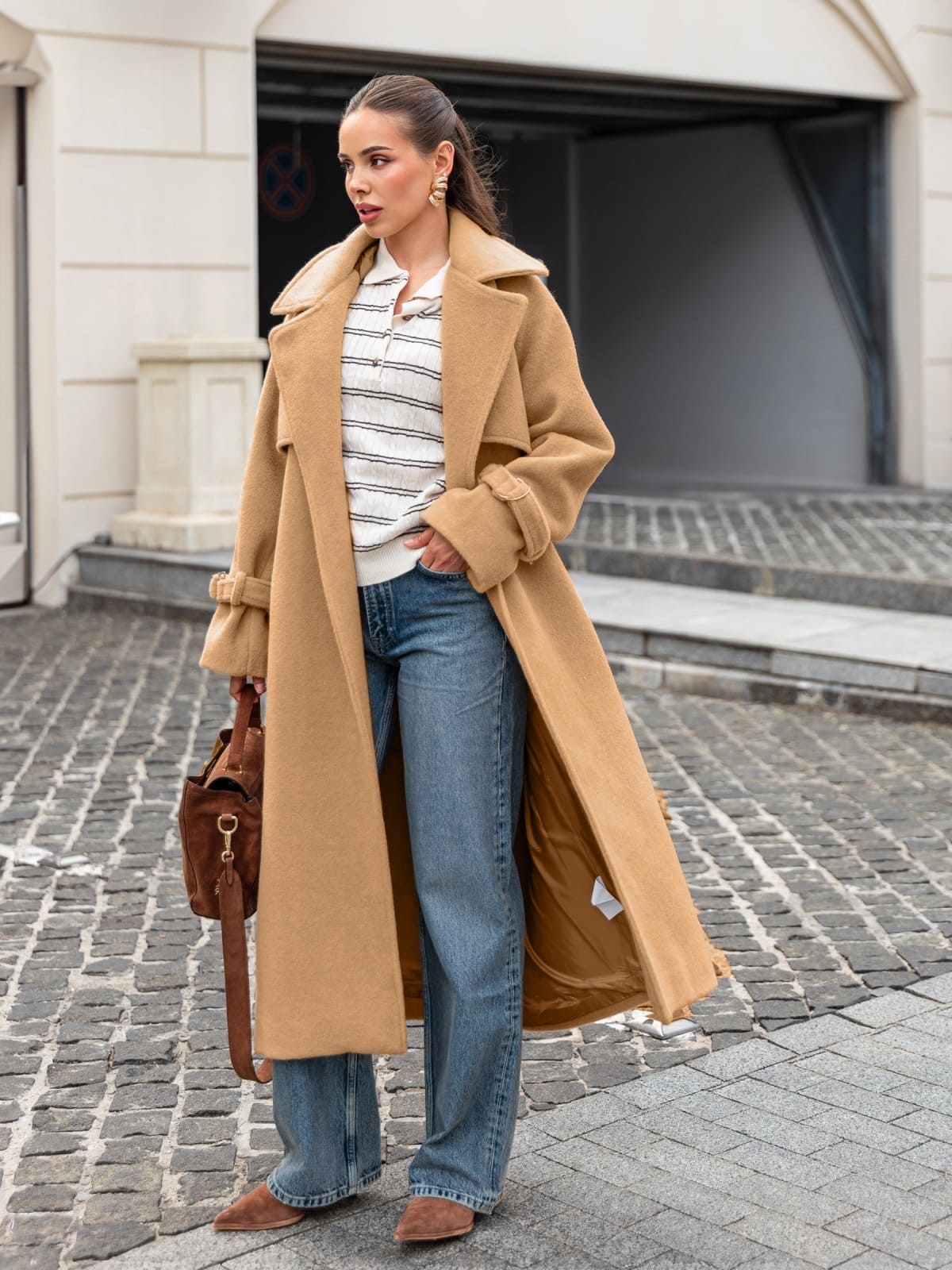 Пальто на запах з легким ворсом бежеве | 91915