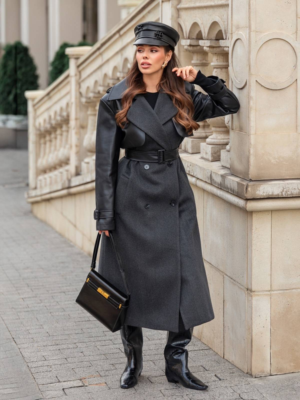 Пальто-тренч з вставками з екошкіри темно-сіре | 91735 Пальто-тренч з вставками з екошкіри темно-сіре | 91735