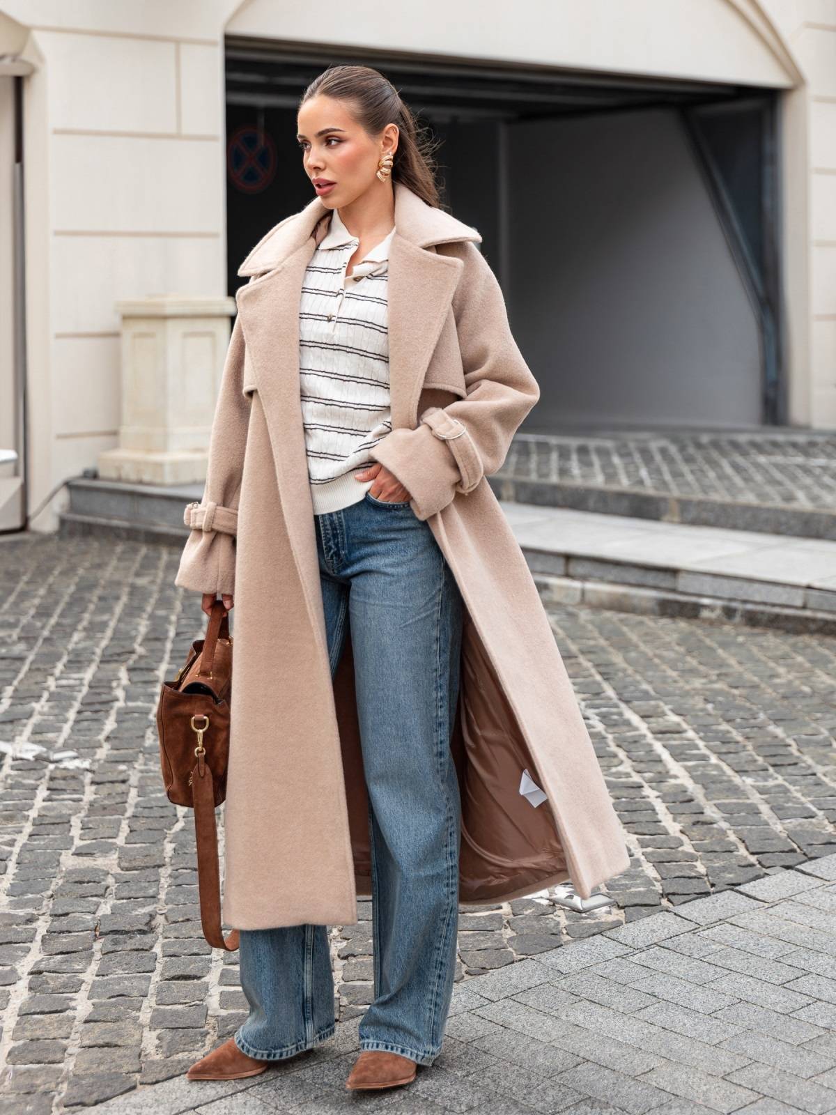 Пальто на запах з легким ворсом бежеве | 91915 Пальто на запах з легким ворсом бежеве | 91915