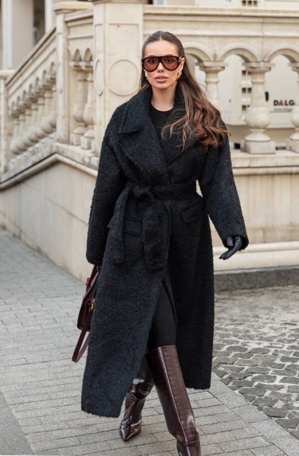 Демісезонне пальто з ворсом на запах чорне | 91948