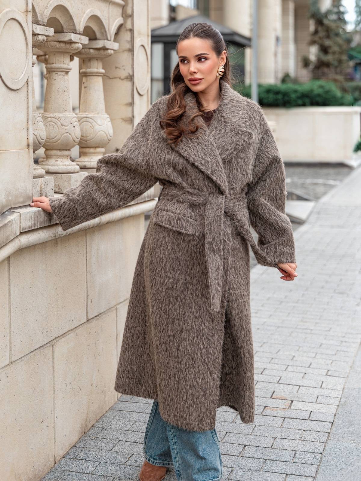 Пальто з ворсом на запах темно-бежеве | 91935