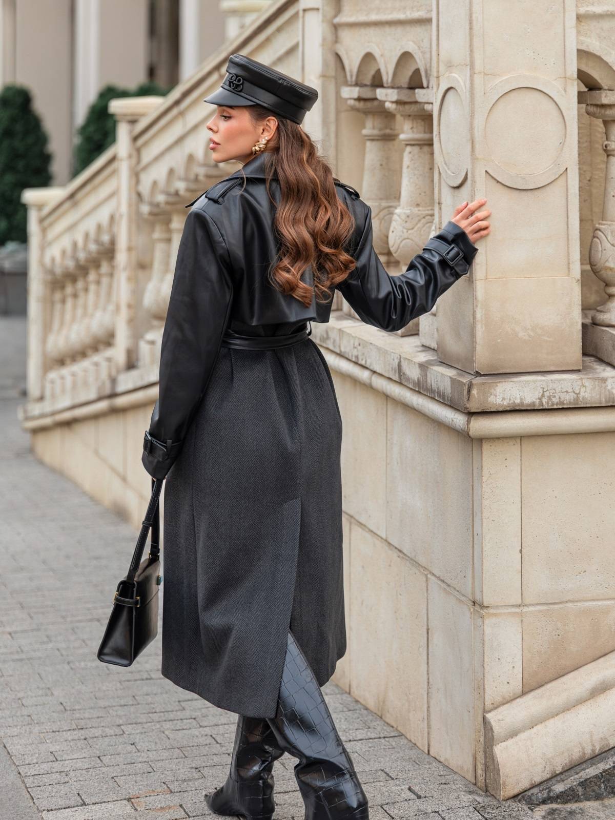 Пальто-тренч з вставками з екошкіри темно-сіре | 91735 Пальто-тренч з вставками з екошкіри темно-сіре | 91735