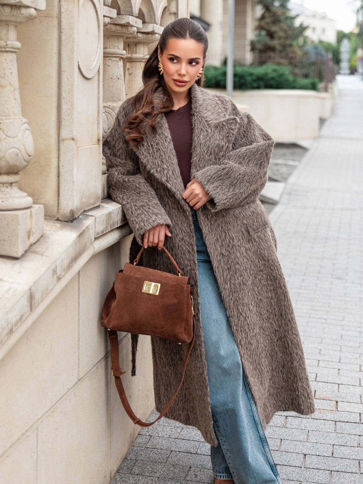 Пальто з ворсом на запах темно-бежеве | 91935