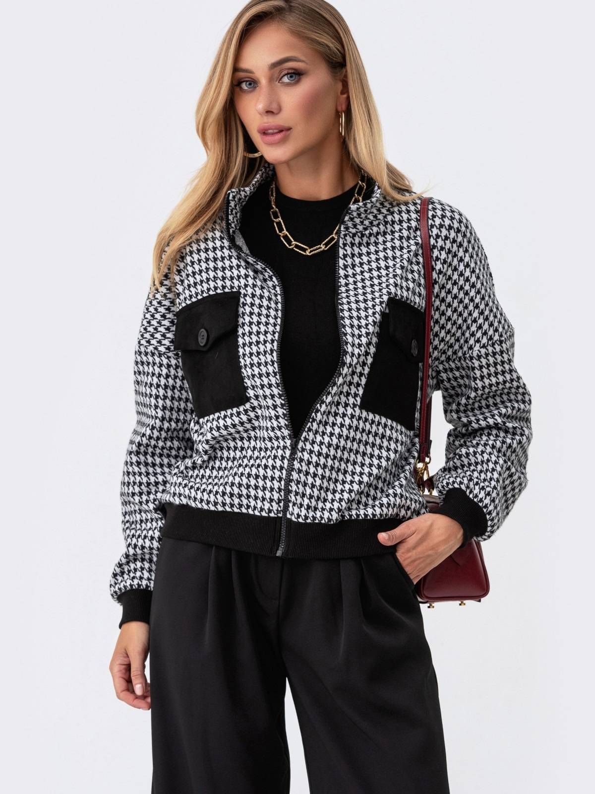 Бомбер вовняний в принт гусяча лапка | 91968 Бомбер вовняний в принт гусяча лапка | 91968