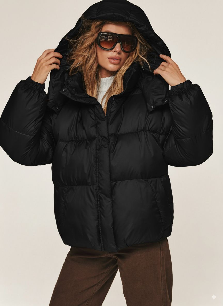 Коротка зимова куртка з каптуром чорна | 92045 Коротка зимова куртка з каптуром чорна | 92045
