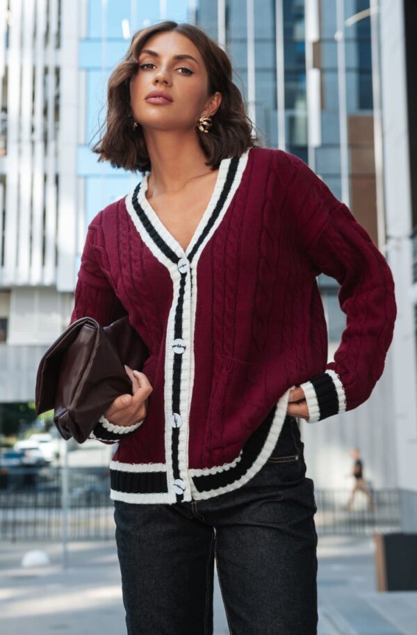 В'язана кофта з візерунком коси бордова | 92348