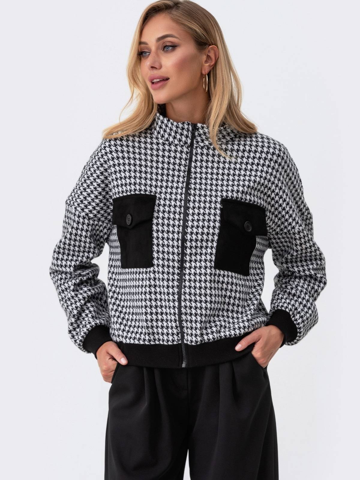 Бомбер вовняний в принт гусяча лапка | 91968 Бомбер вовняний в принт гусяча лапка | 91968