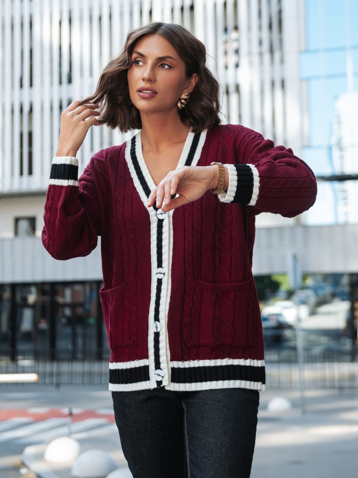 В'язана кофта з візерунком коси бордова | 92348