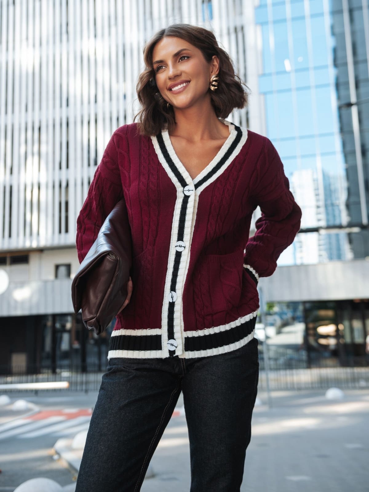 В'язана кофта з візерунком коси бордова | 92348