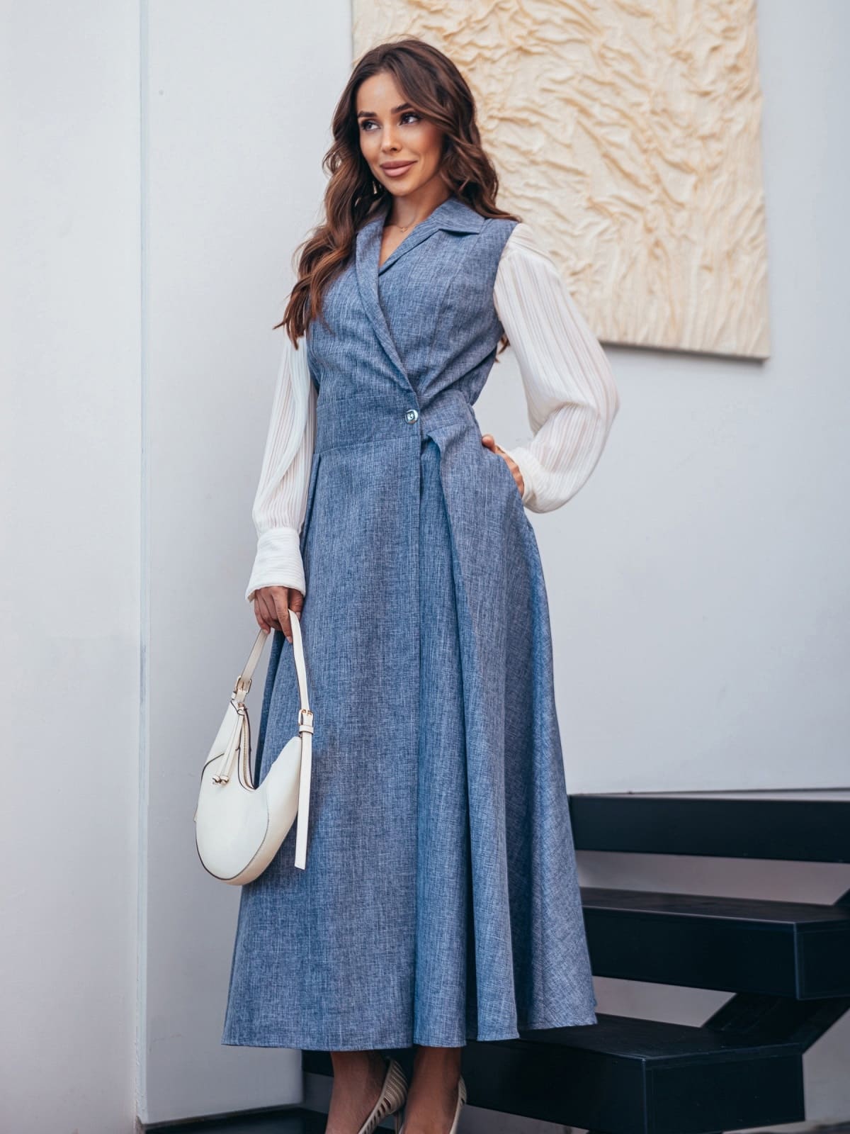 Довгий сарафан на запах з габардину сірий | 92631