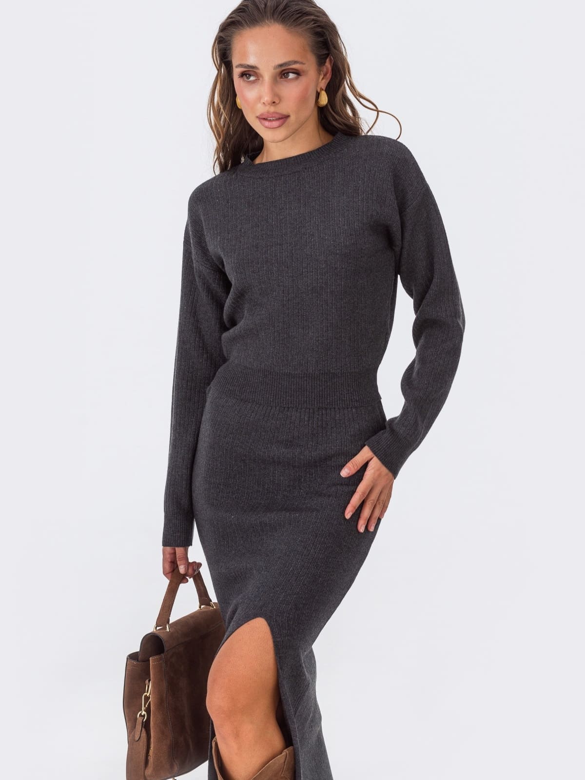 Трикотажний костюм зі спідницею темно-сірий | 92963 Трикотажний костюм зі спідницею темно-сірий | 92963