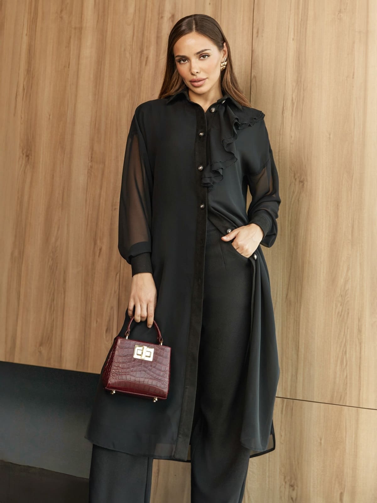 Костюм з шифоновою блузою та штанами чорний | 92688