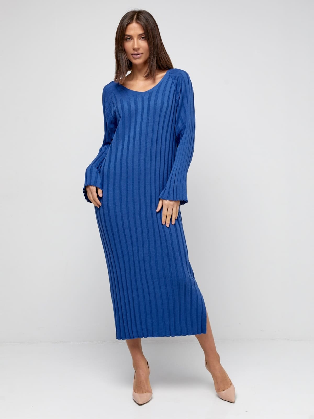Демісезонна в'язана довга сукня синя | 93108