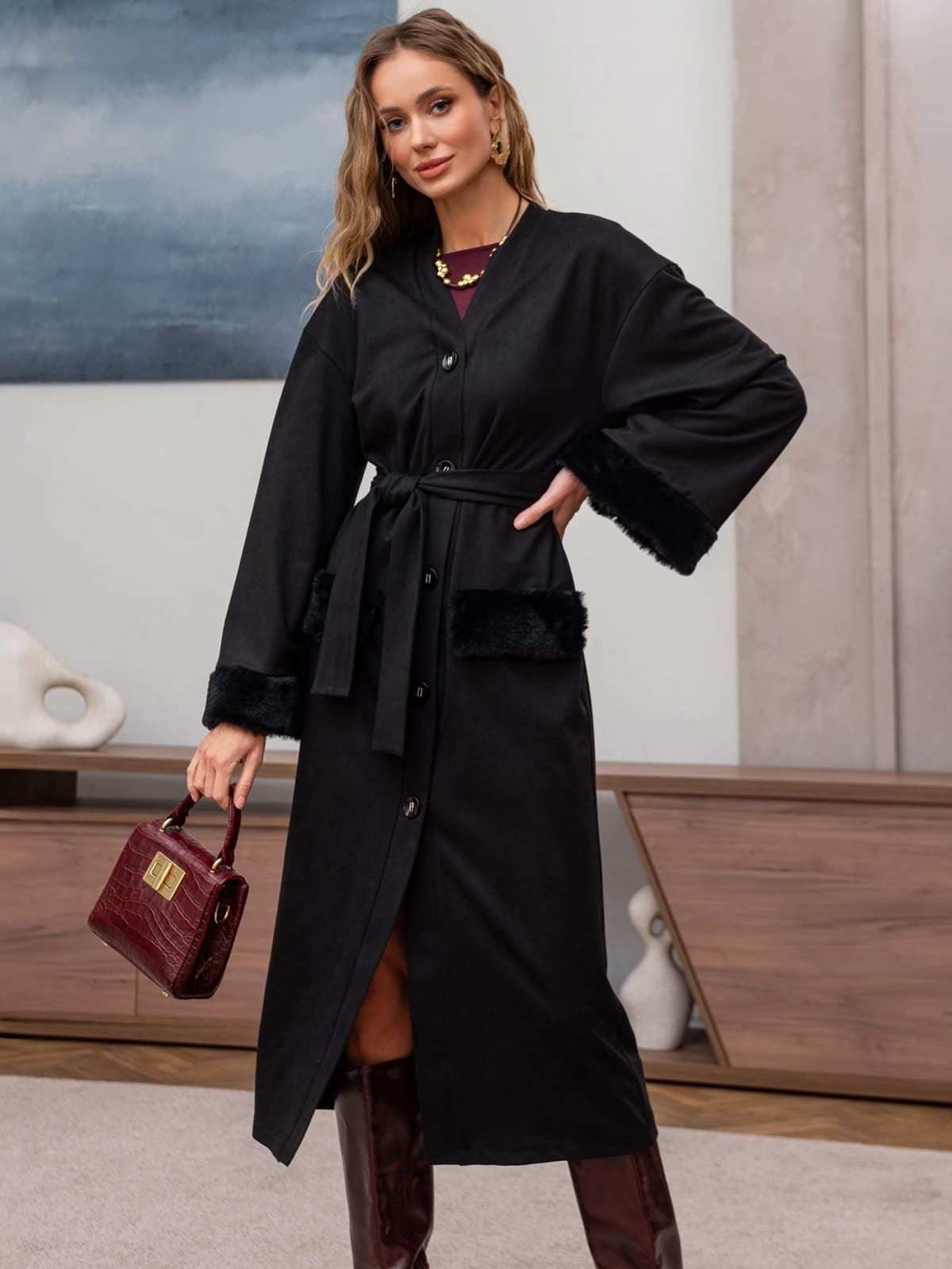 Трикотажна напіввовняна сукня-халат чорна | 92950 Трикотажна напіввовняна сукня-халат чорна | 92950