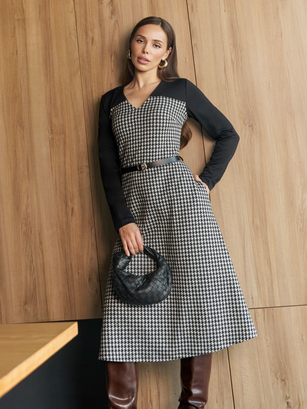 Сукня з трикотажу в гусячу лапку чорна | 92605 Сукня з трикотажу в гусячу лапку чорна | 92605