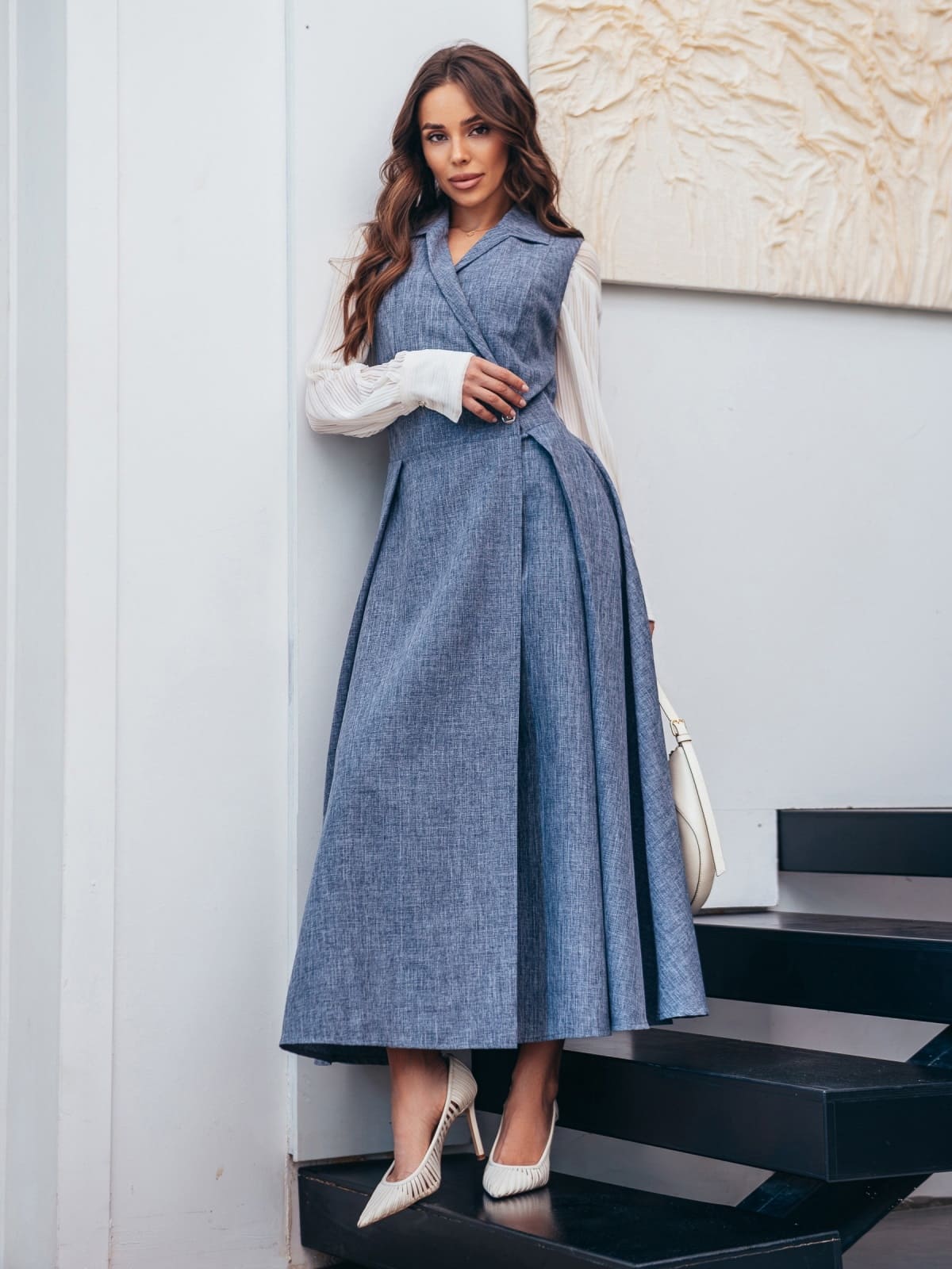 Довгий сарафан на запах з габардину сірий | 92631