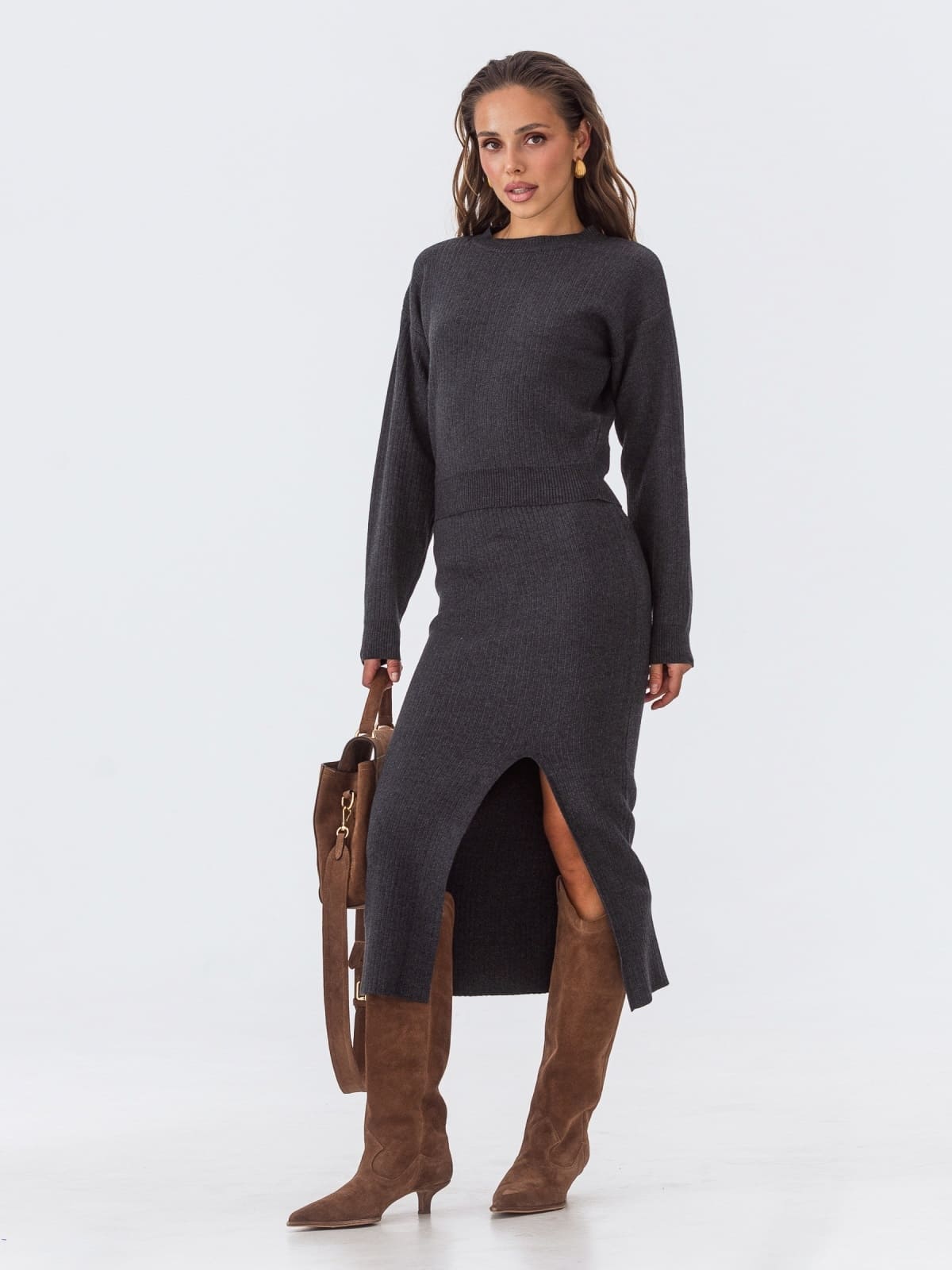 Трикотажний костюм зі спідницею темно-сірий | 92963 Трикотажний костюм зі спідницею темно-сірий | 92963