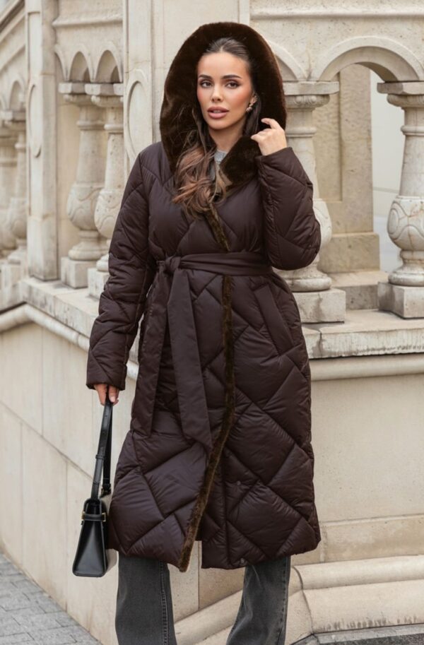 Зимове стьобане пальто з каптуром коричневе | 92886