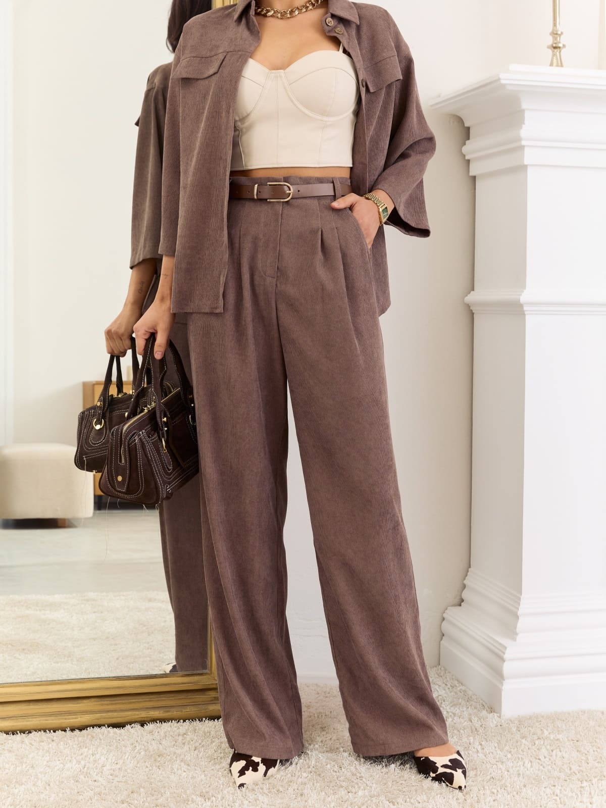 Вельветові штани широкого крою коричневі | 92522