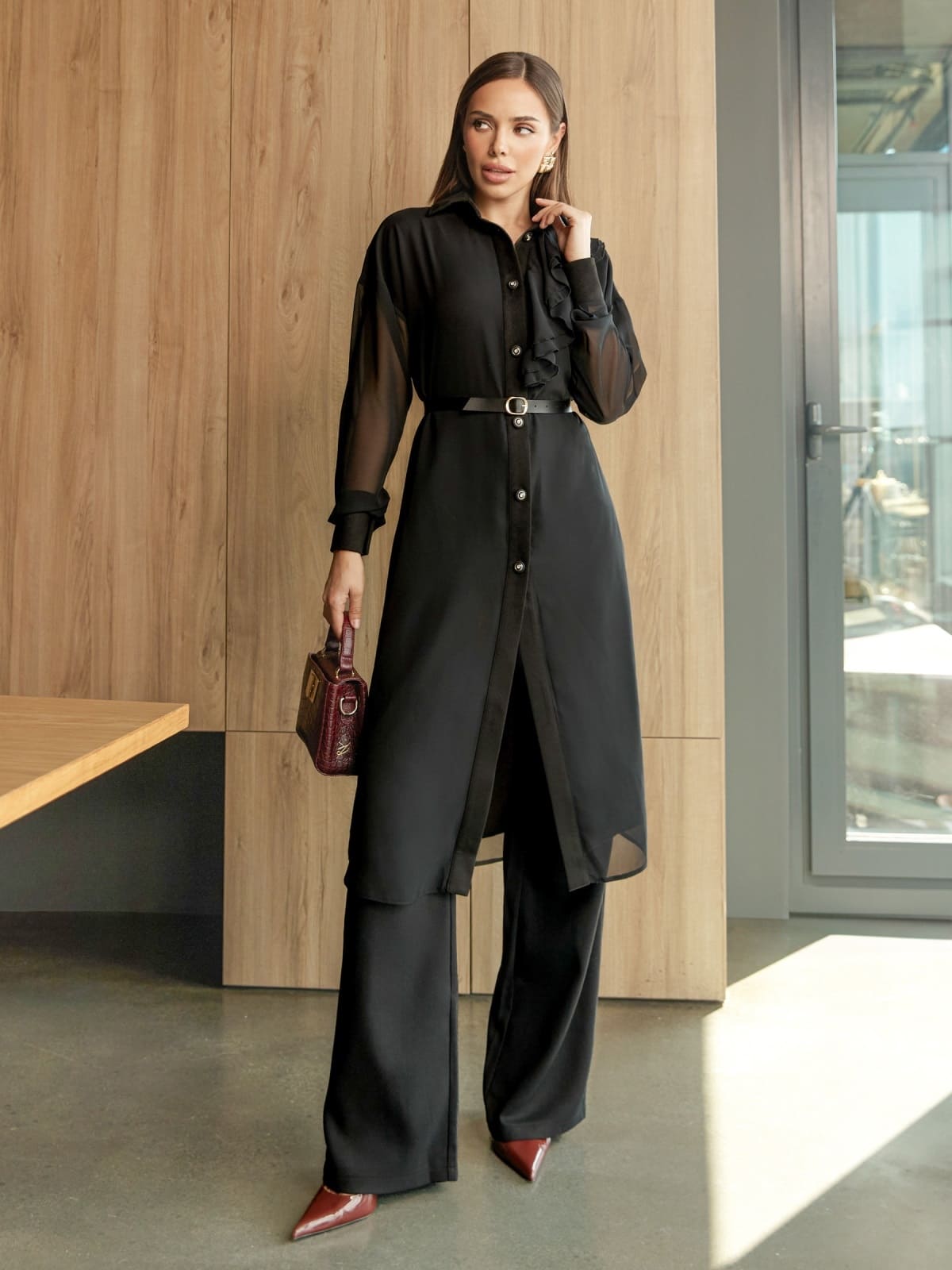 Костюм з шифоновою блузою та штанами чорний | 92688