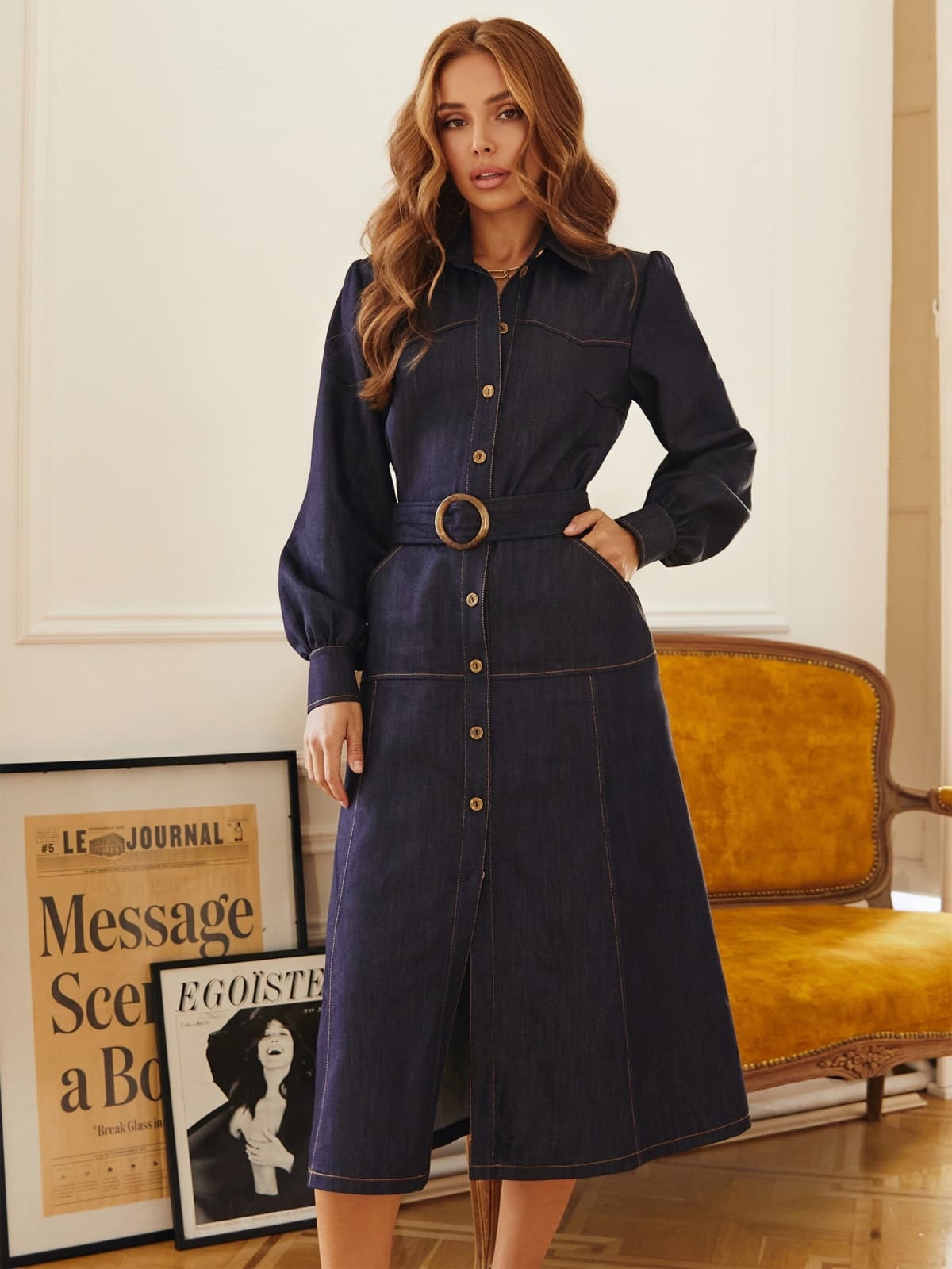 Джинсова міді сукня-сорочка темно-синя | 92617