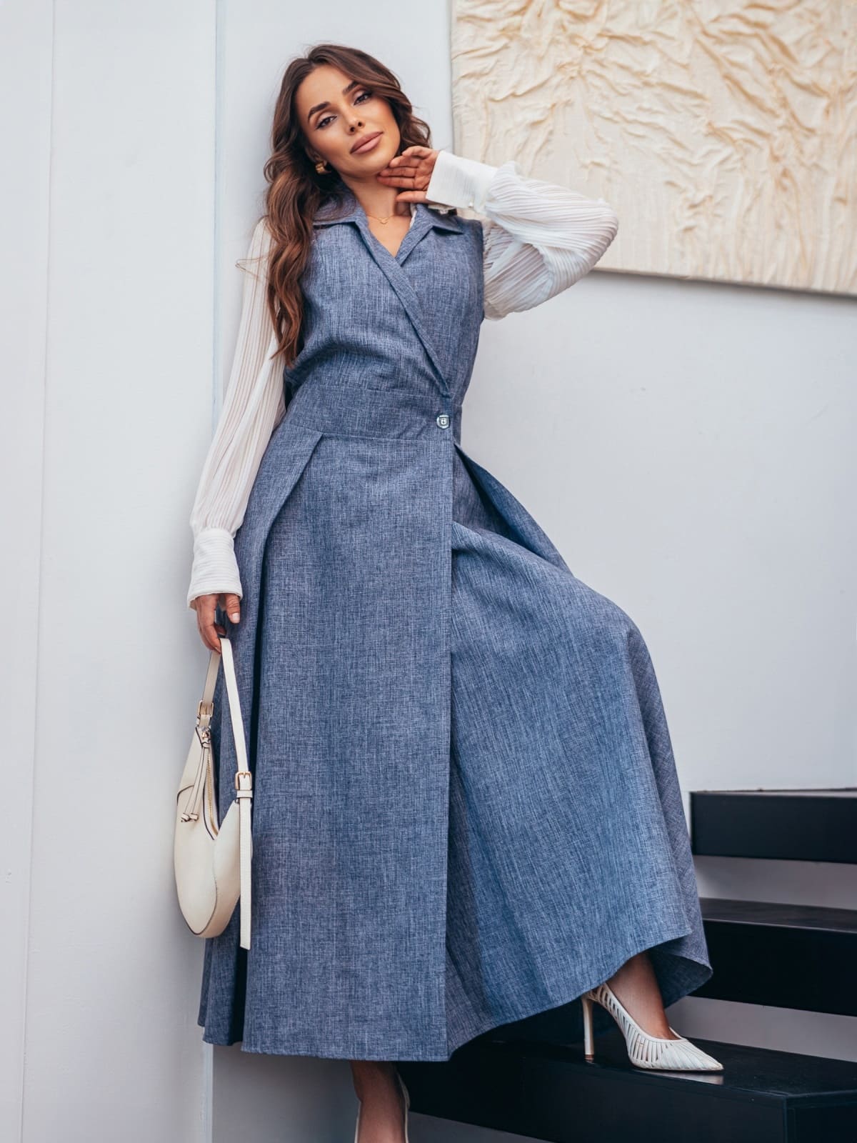 Довгий сарафан на запах з габардину сірий | 92631