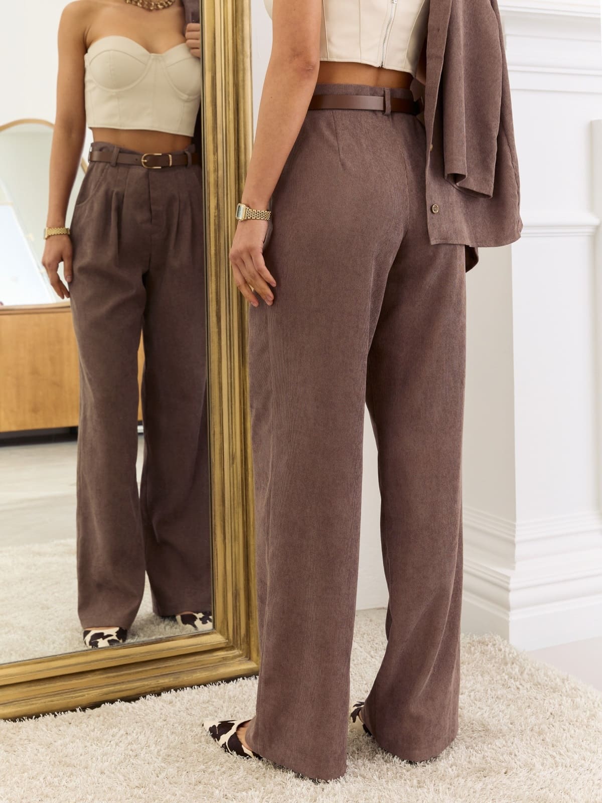 Вельветові штани широкого крою коричневі | 92522