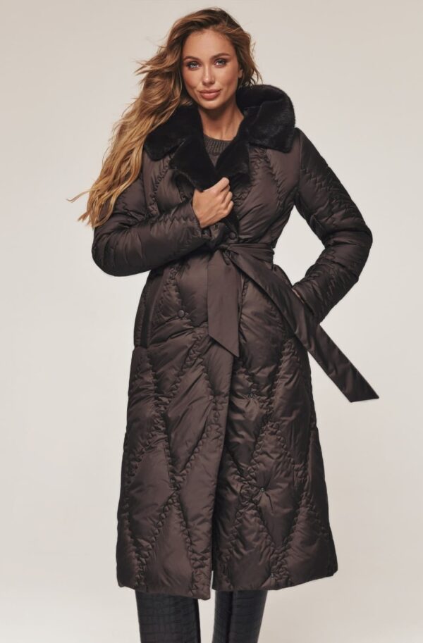 Cтьобане зимове пальто з каптуром коричневе | 92907