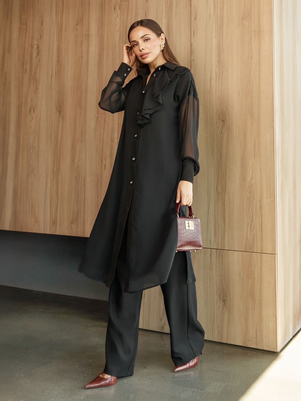 Костюм з шифоновою блузою та штанами чорний | 92688