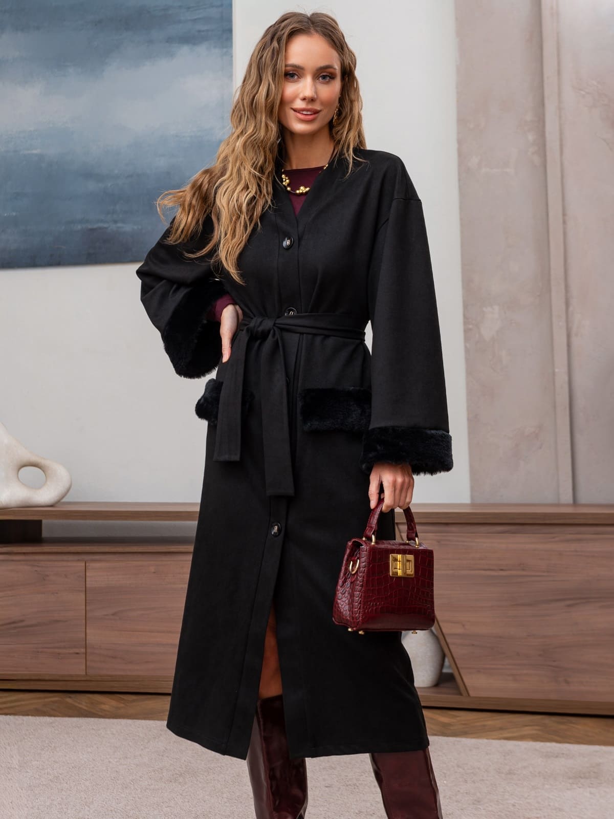 Трикотажна напіввовняна сукня-халат чорна | 92950 Трикотажна напіввовняна сукня-халат чорна | 92950