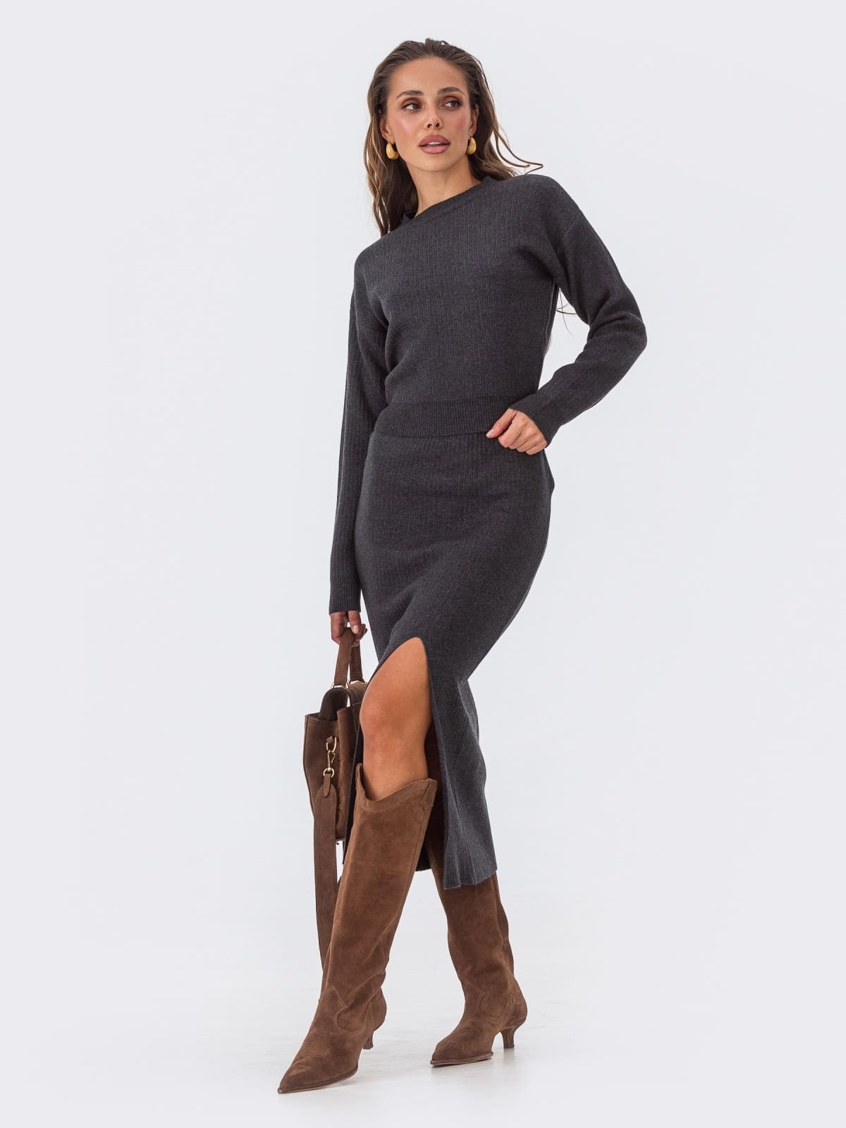 Трикотажний костюм зі спідницею темно-сірий | 92963 Трикотажний костюм зі спідницею темно-сірий | 92963
