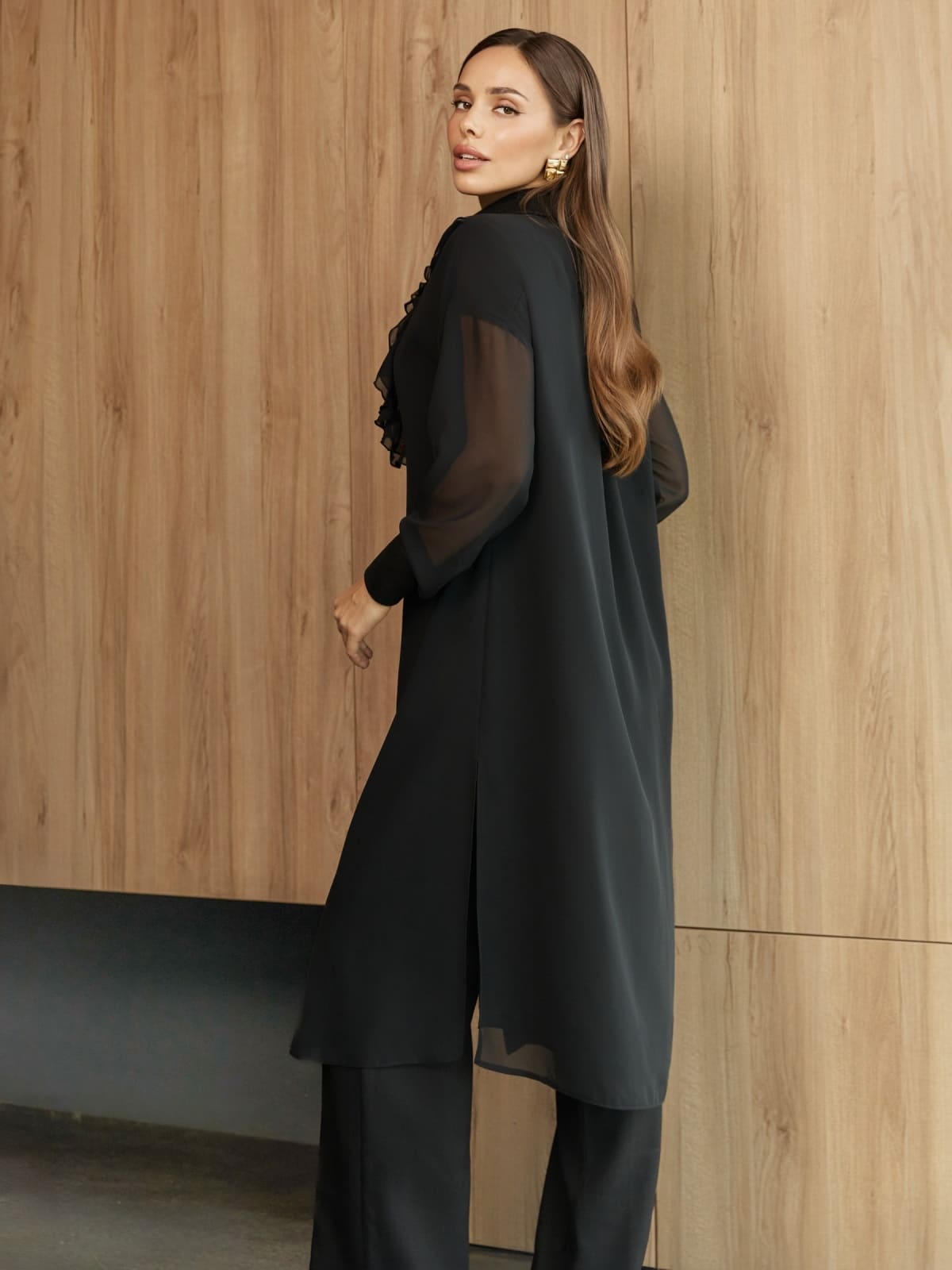 Костюм з шифоновою блузою та штанами чорний | 92688