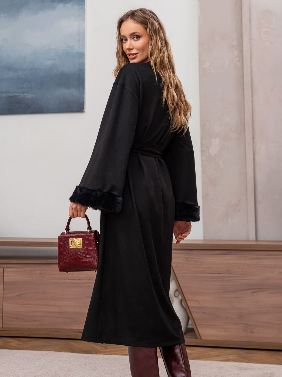 Трикотажна напіввовняна сукня-халат чорна | 92950 Трикотажна напіввовняна сукня-халат чорна | 92950