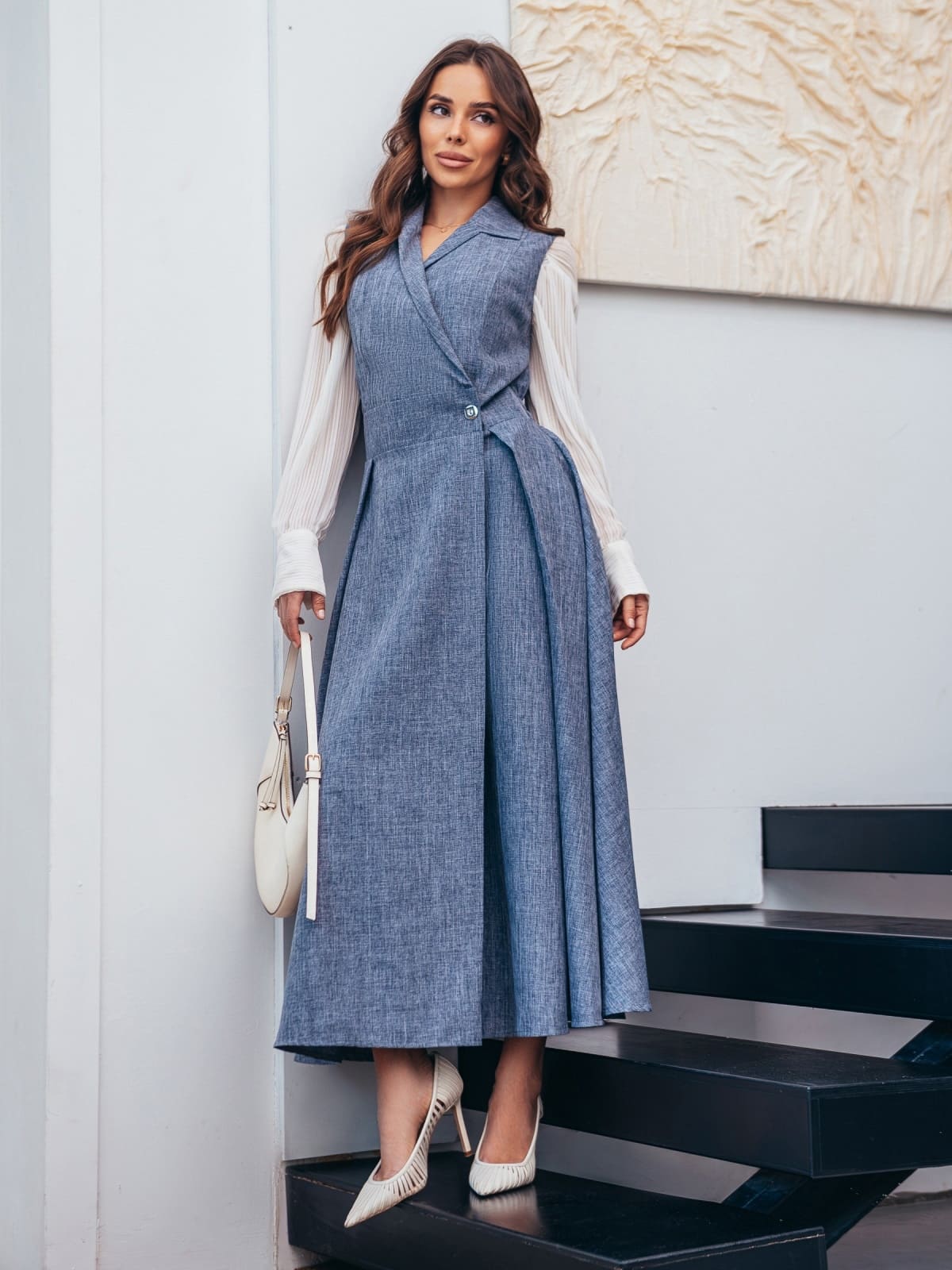 Довгий сарафан на запах з габардину сірий | 92631