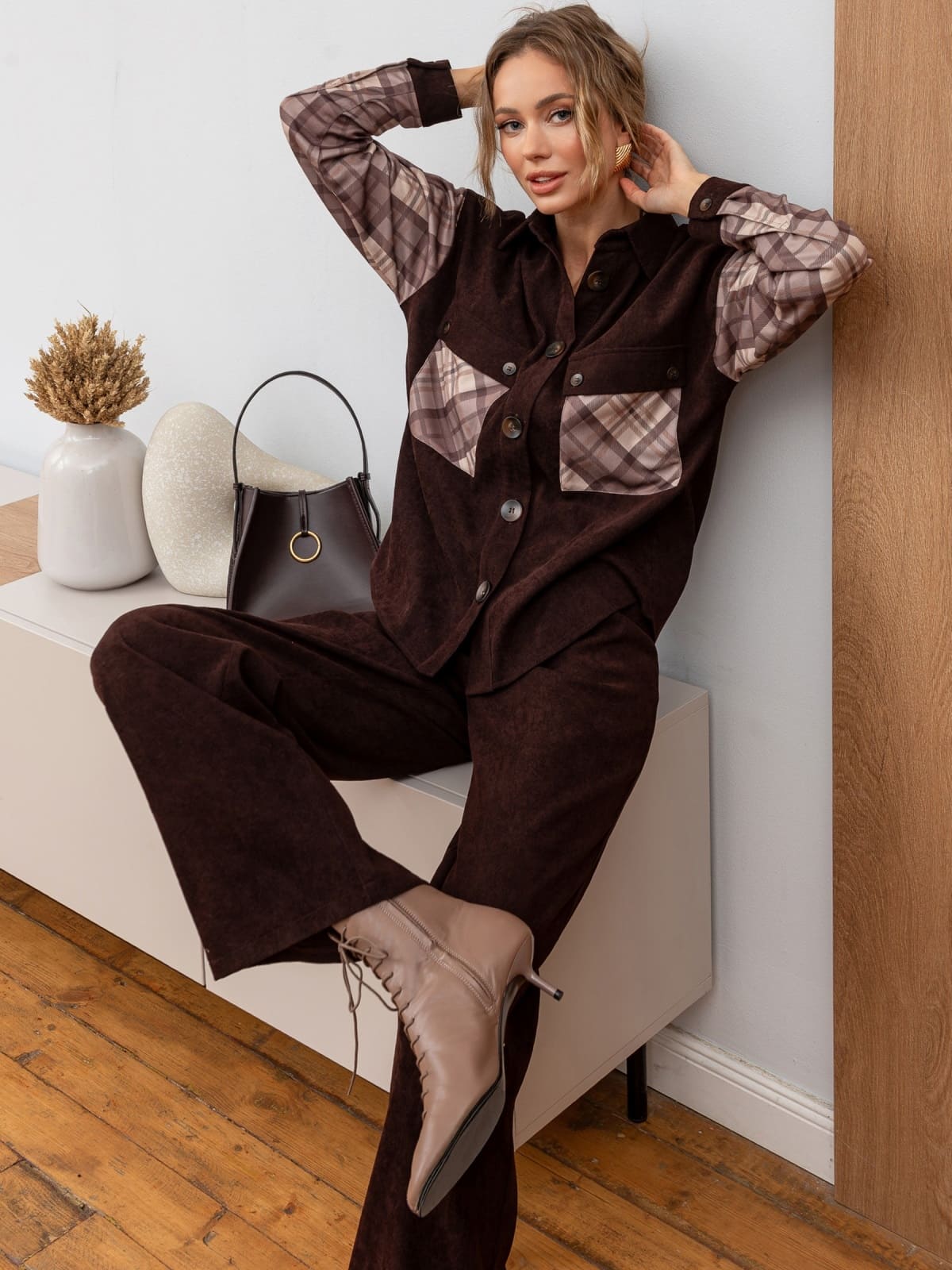 Вельветовий костюм зі штанами коричневий | 93182