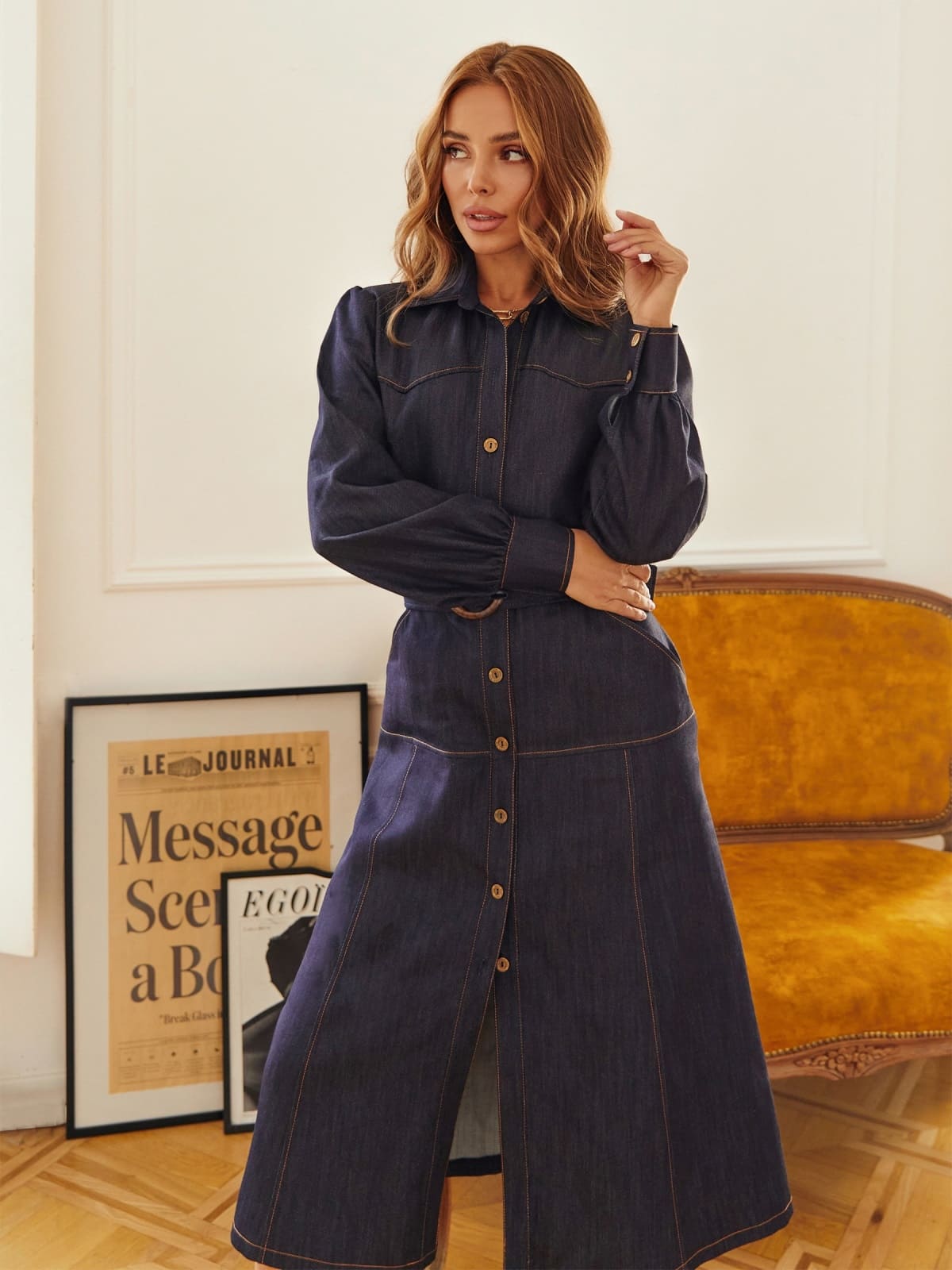 Джинсова міді сукня-сорочка темно-синя | 92617