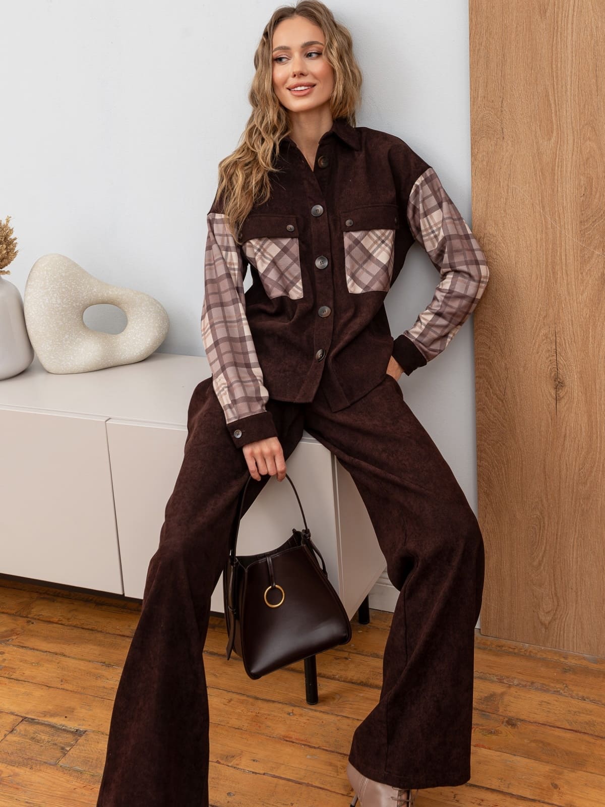Вельветовий костюм зі штанами коричневий | 93182