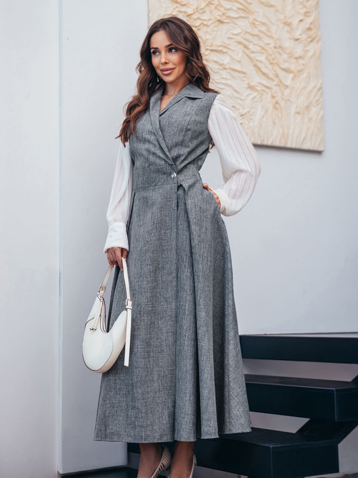 Довгий сарафан на запах з габардину сірий | 92631 Довгий сарафан на запах з габардину сірий | 92631