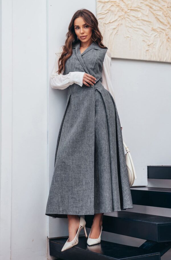 Довгий сарафан на запах з габардину сірий | 92631