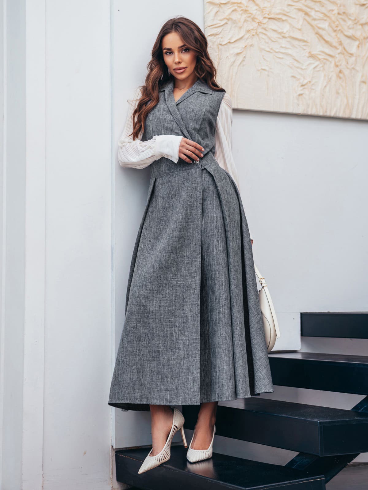 Довгий сарафан на запах з габардину сірий | 92631 Довгий сарафан на запах з габардину сірий | 92631