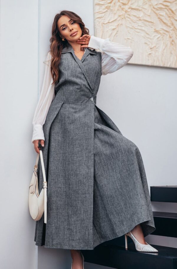 Довгий сарафан на запах з габардину сірий | 92631