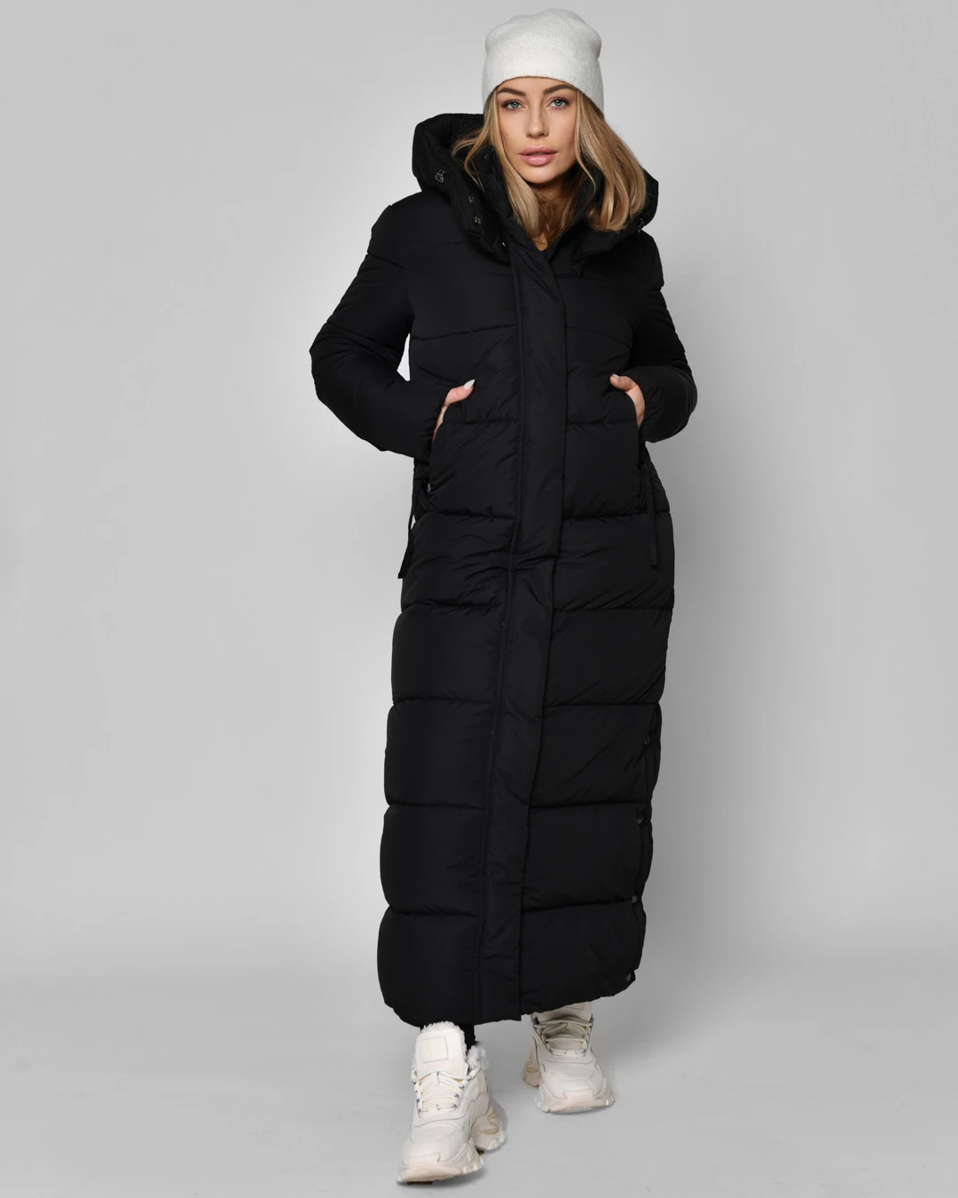 Зимовий довгий пуховик чорний | 93600 Зимовий довгий пуховик чорний | 93600