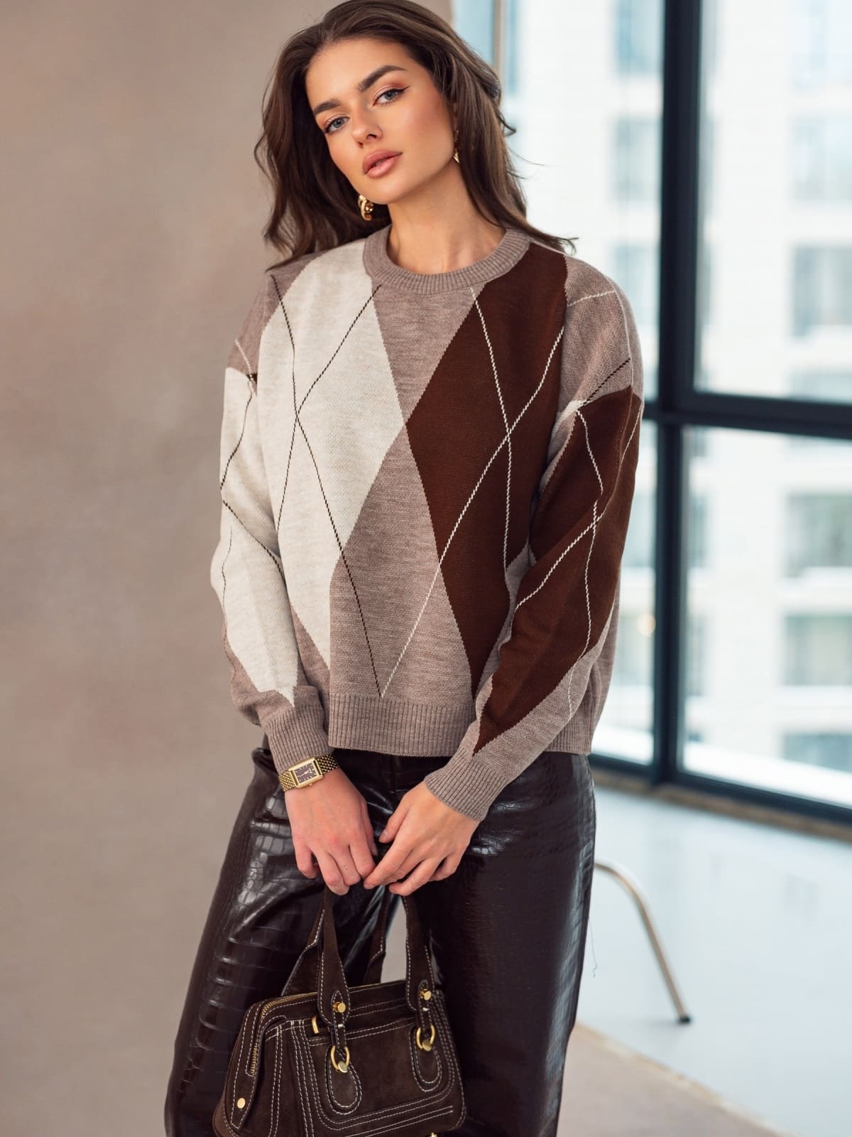 Джемпер сіро-бежевий з візерунком ромби | 93381 Джемпер сіро-бежевий з візерунком ромби | 93381